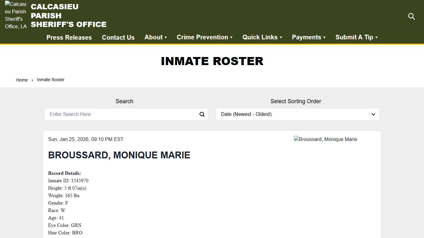 Inmate Roster Calcasieu Parish Sheriff's Office, LA