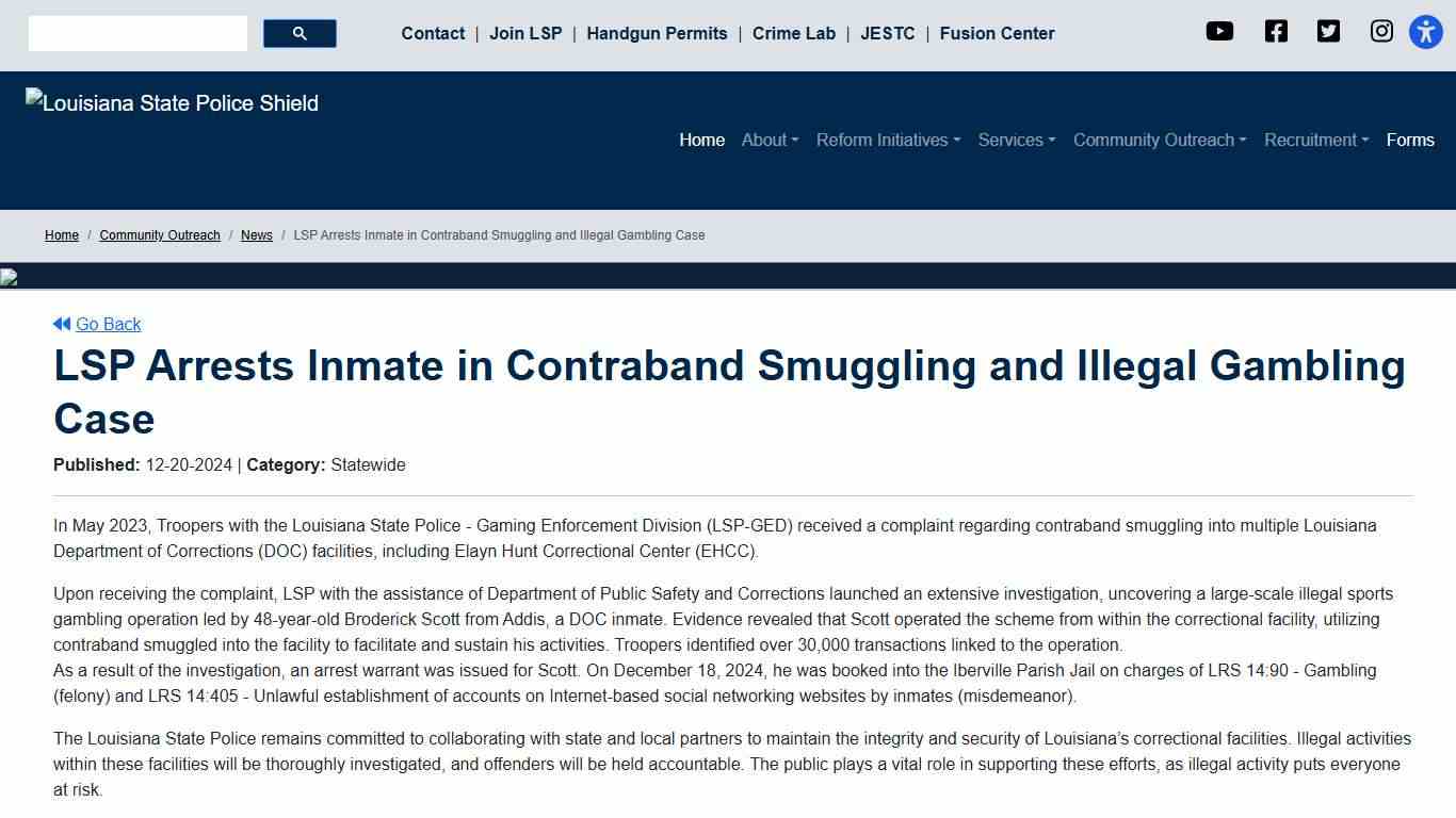LSP Arrests Inmate in Contraband Smuggling and Illegal Gambling Case - Louisiana State Police